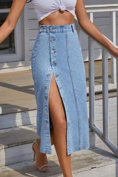 Women's Buttoned Down Split Denim Skirt - Light Blue