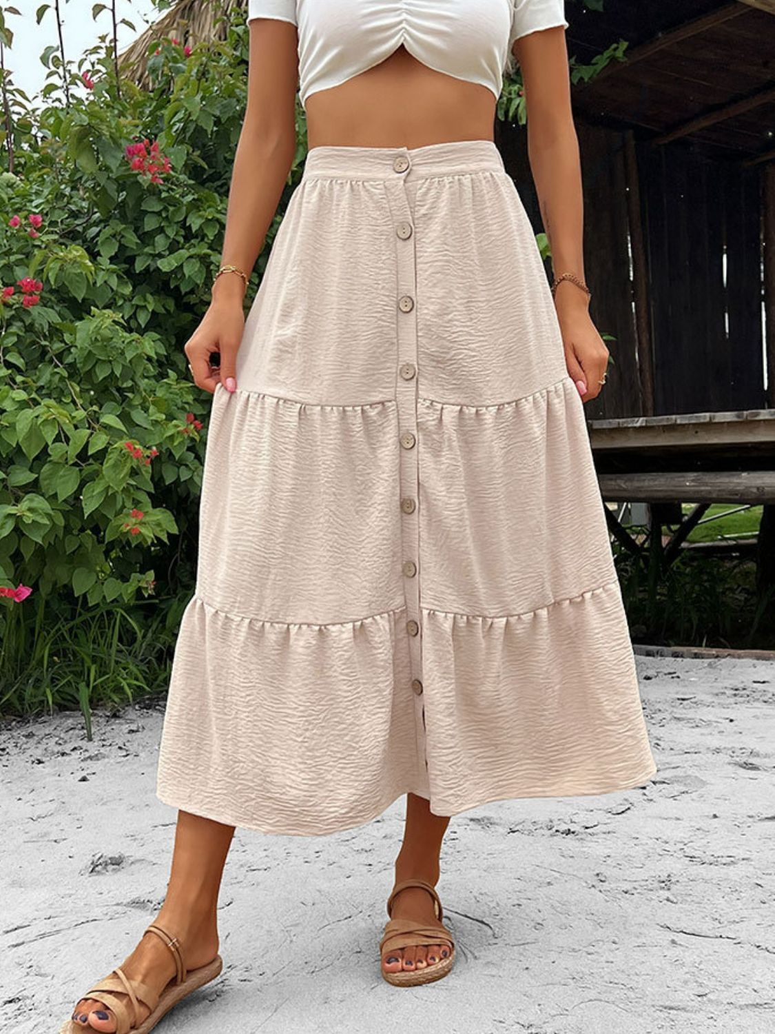 Button Front Tiered Midi Skirt