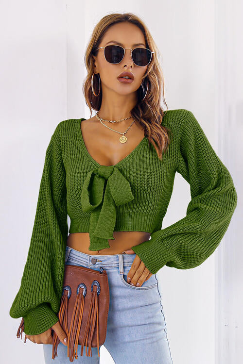 Women's Bow V-Neck Long Sleeve Cropped Sweater