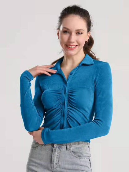 Ruched Button Up Long Sleeve T-Shirt