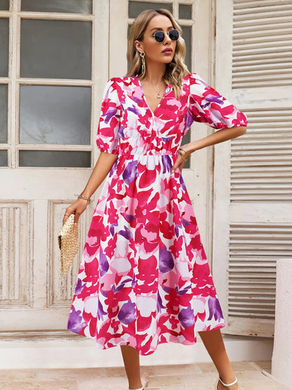 Ruched Floral Printed Short Sleeve Dress