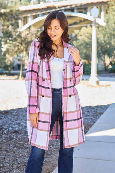 Double Take Plaid Button Up Lapel Collar Coat