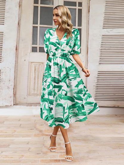 Ruched Floral Printed Short Sleeve Dress