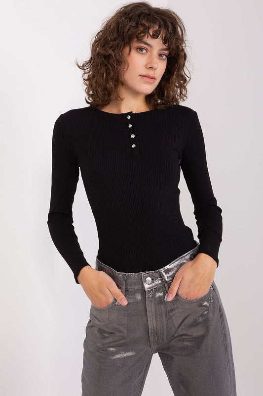 Long Sleeve Ribbed Four Button Henley Top - Black