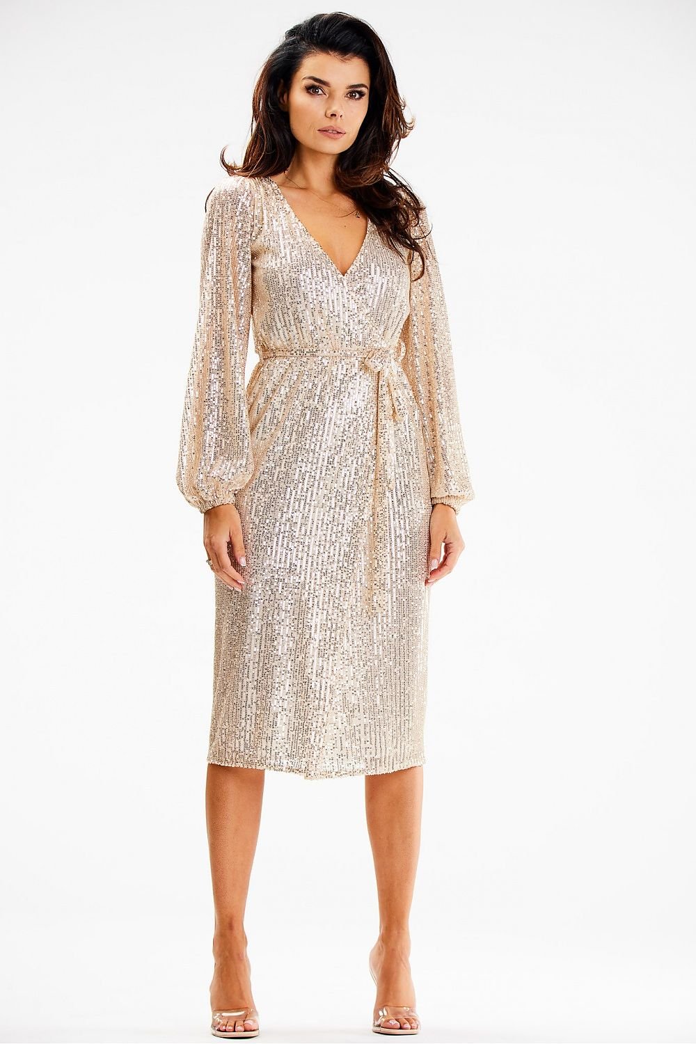 Sequin Long Lantern Sleeve Tie Waist Evening Dress - Rose Gold