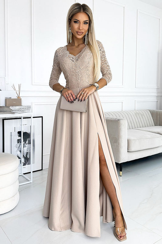 Elena Upper Lace Detail Long Evening Dress - Beige