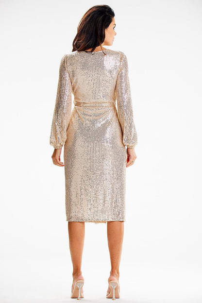 Sequin Long Lantern Sleeve Tie Waist Evening Dress - Rose Gold