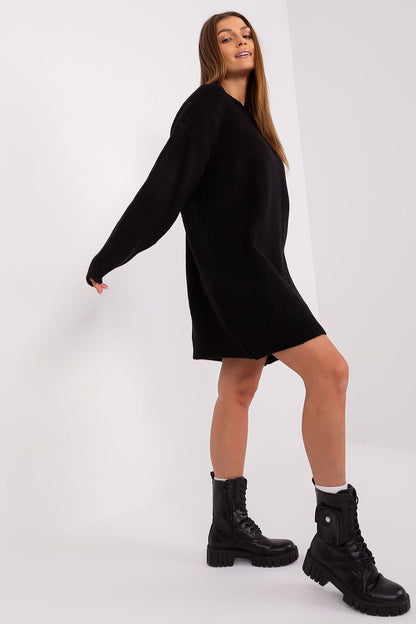 Crew Neck Oversized Long Sleeve Sweater Day Mini Dress - Black