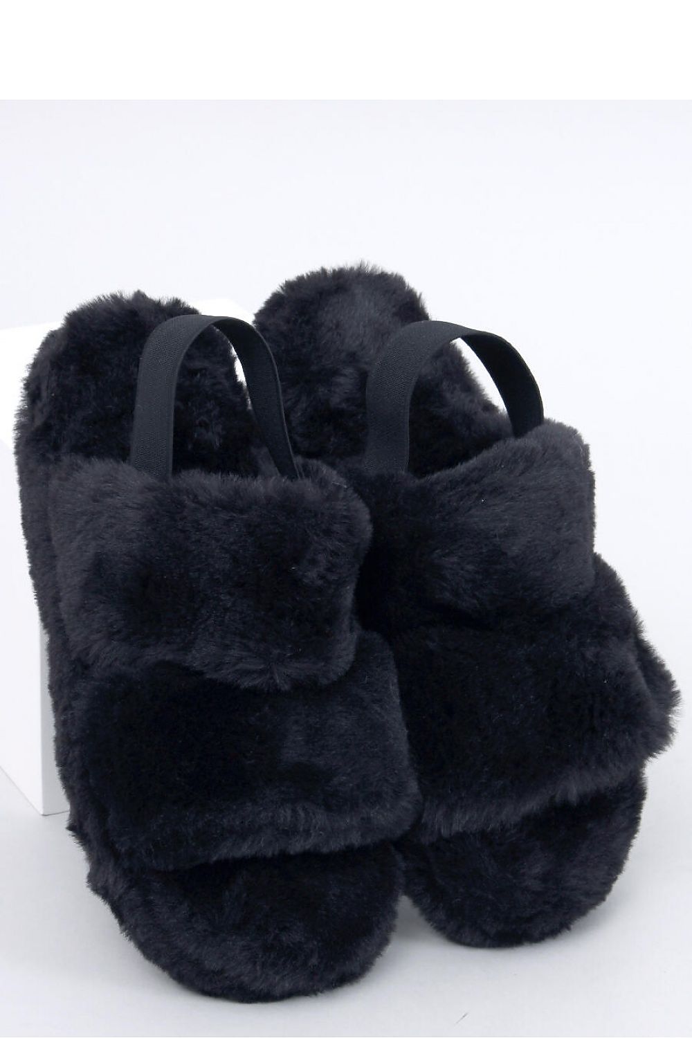 Back Up Fuzzy Slippers with Stretchy Heel Strap- Black