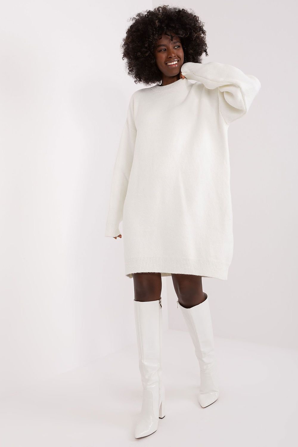 Long Sleeve Crew Neck Sweater Dress - White