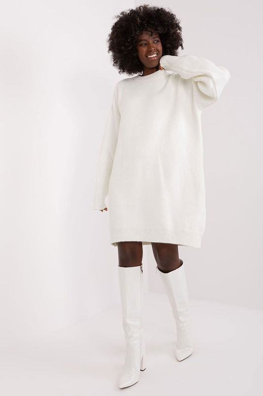 Long Sleeve Crew Neck Sweater Dress - White
