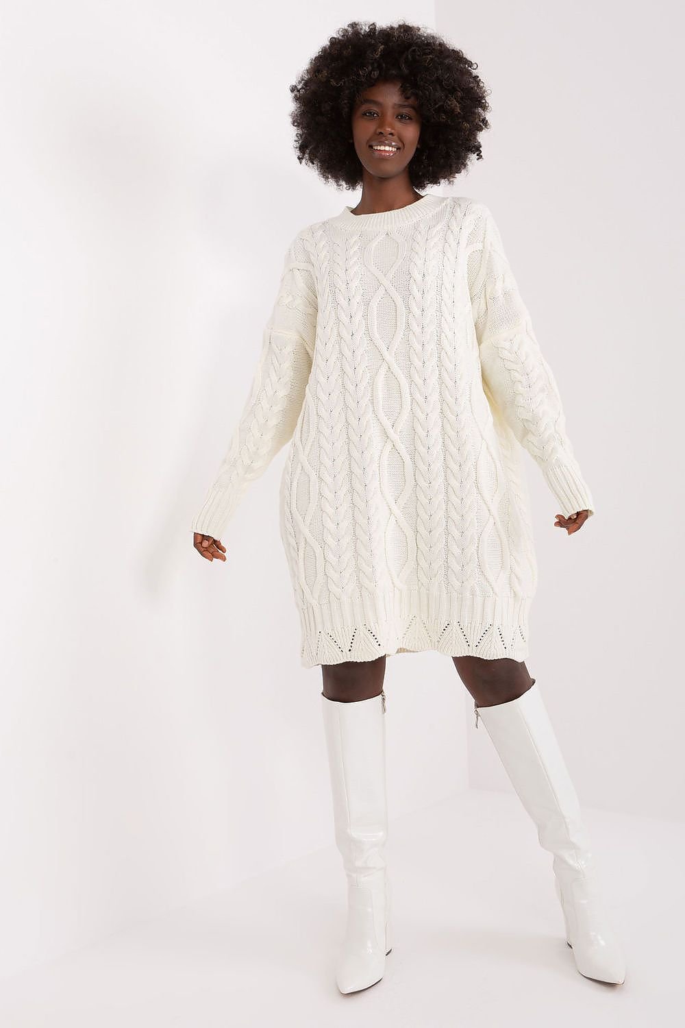 Long Sleeve Cable Knit Crew Neck Sweater Dress - Ivory
