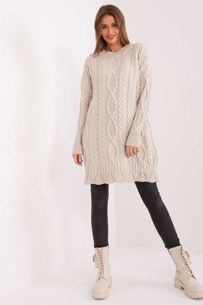 Long Sleeve Cable Knit Crew Neck Sweater Dress - Oatmilk