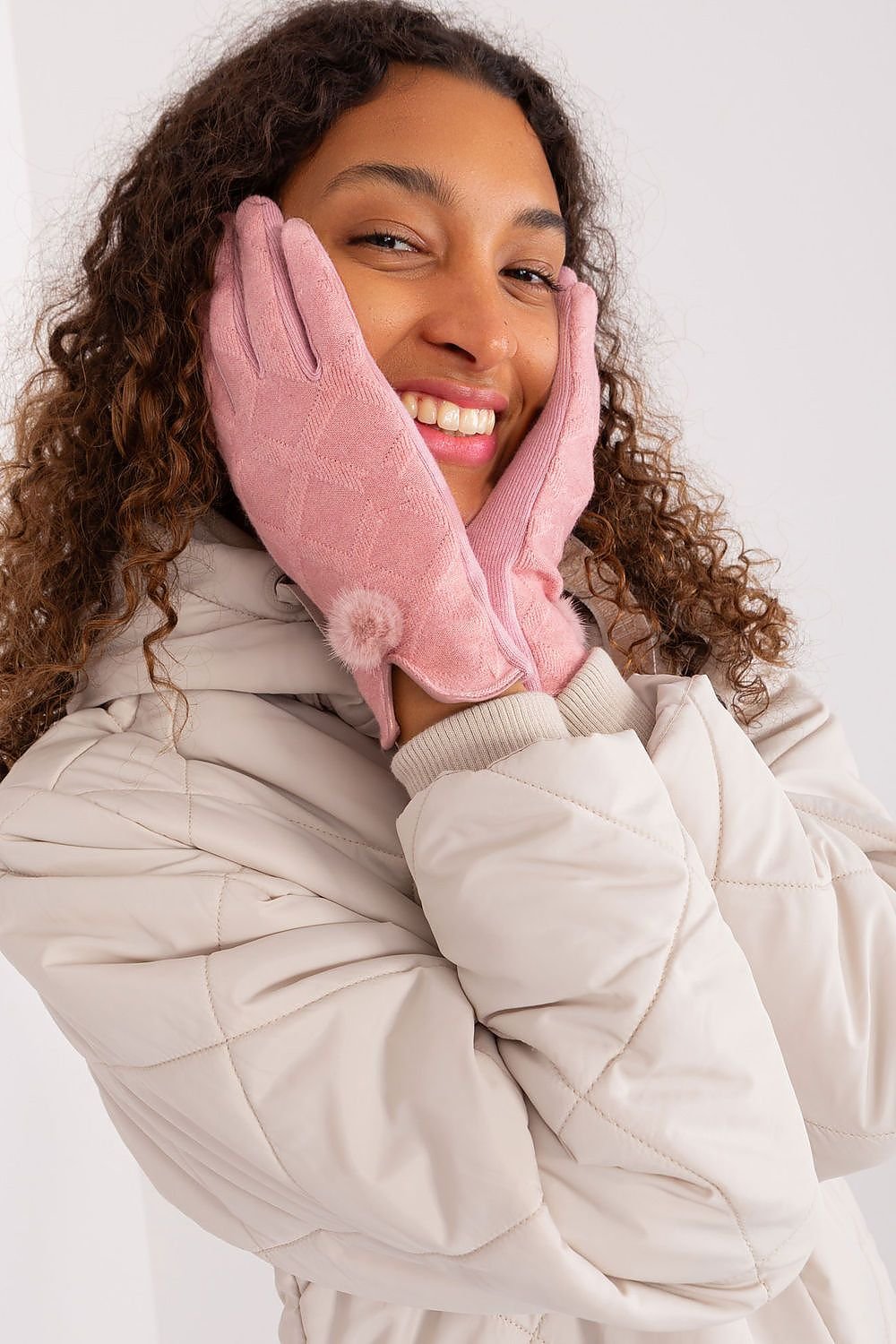 Charlotte Insulated Cotton PomPom Wrist Gloves - Light Pink