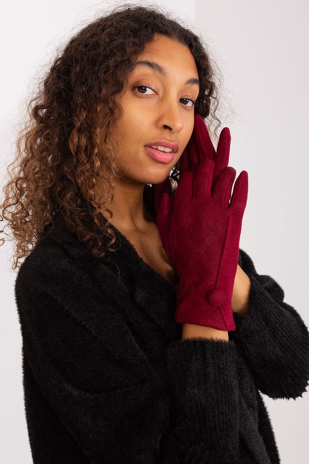 Lily Cotton Geometric Button Gloves - Burgundy