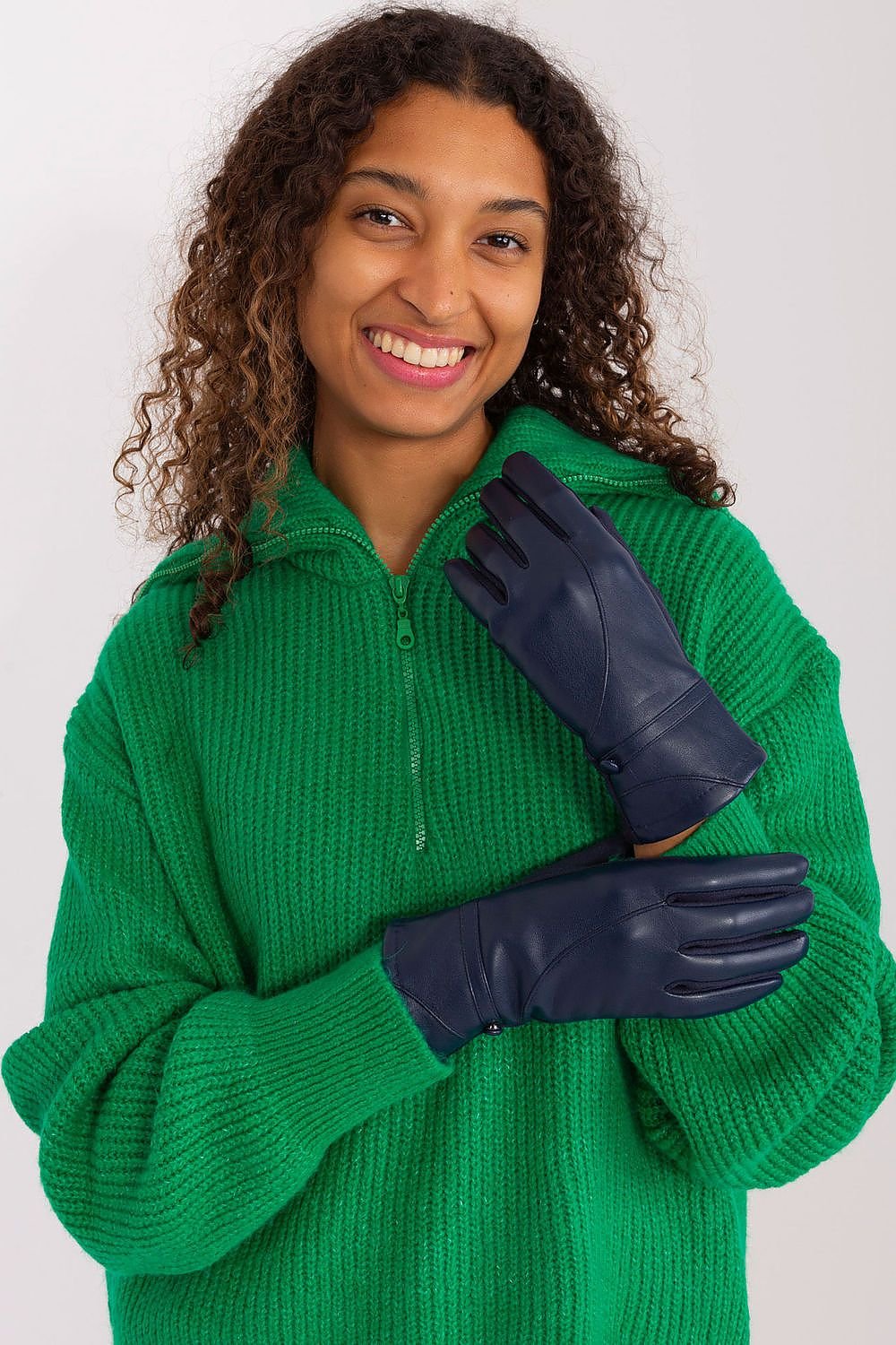 Naomi Vegan Leather Button Wrist Gloves - Navy