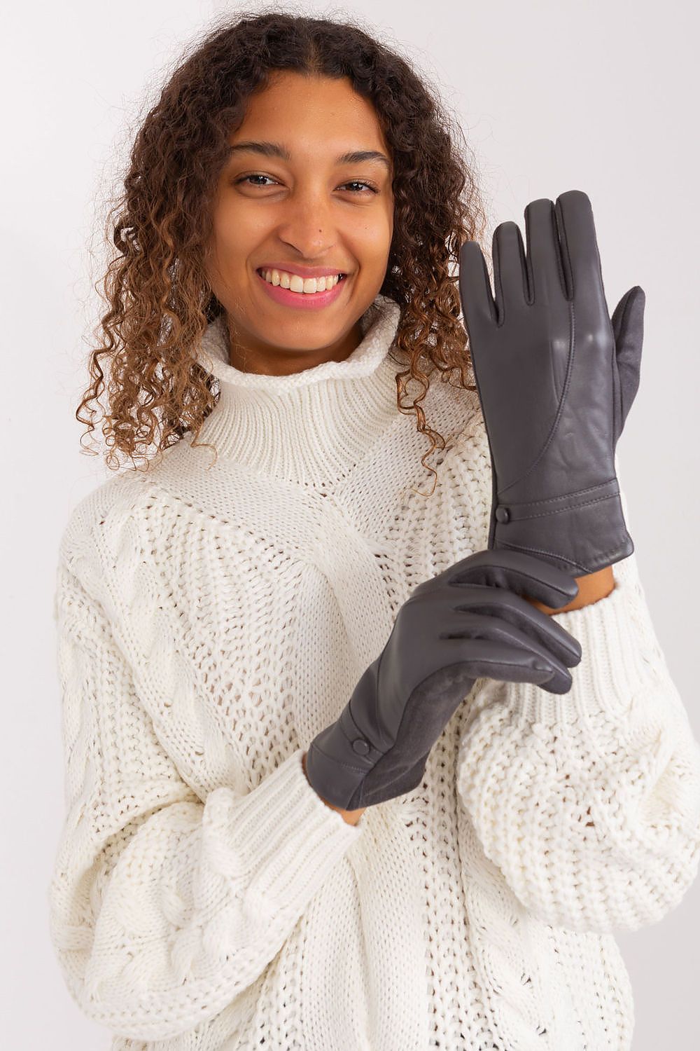 Naomi Vegan Leather Button Wrist Gloves - Charcoal Gray