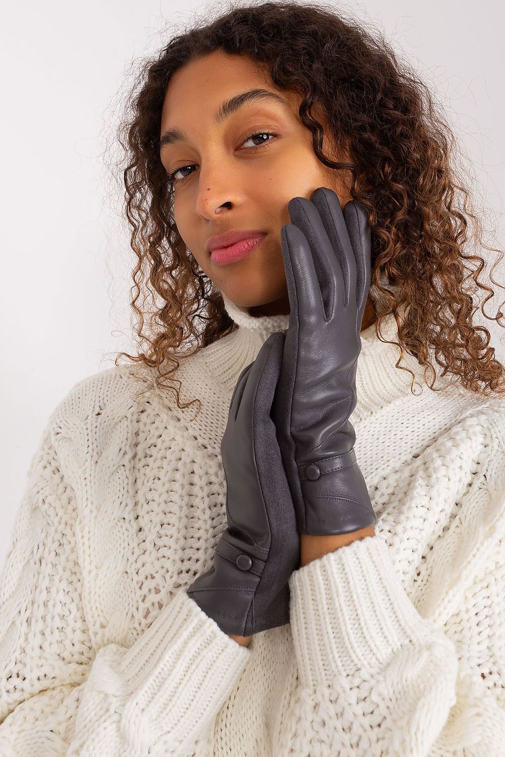 Naomi Vegan Leather Button Wrist Gloves - Charcoal Gray