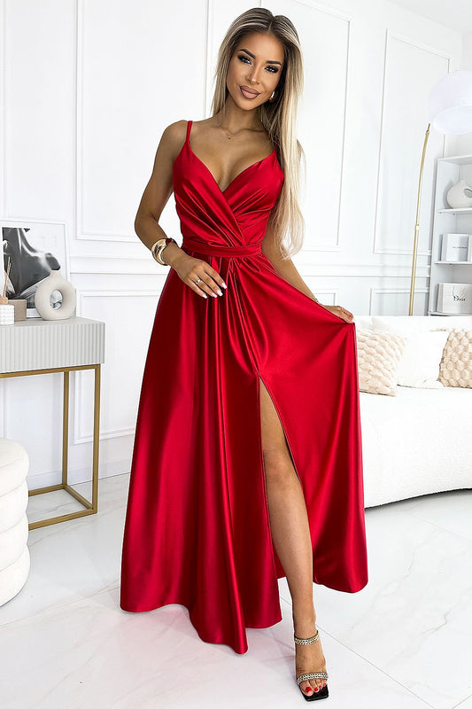 Heidi V Neckline Long Evening Dress - Red