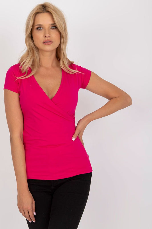 Short Sleeve V Cut Wrap Front Blouse - Pink