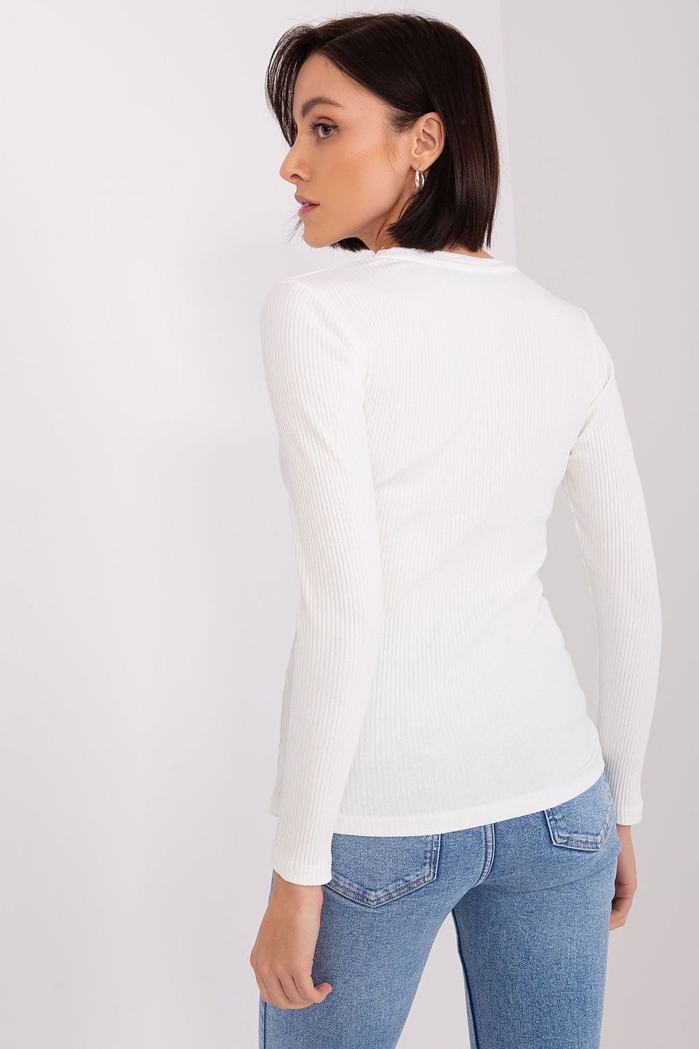 Basic Ribbed Crew Neck Long Sleeve Shirt - White