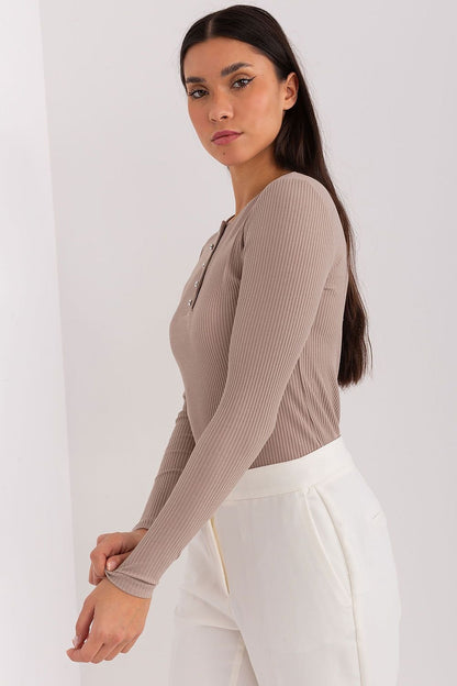 Long Sleeve Ribbed Henley Shirt - Light Taupe