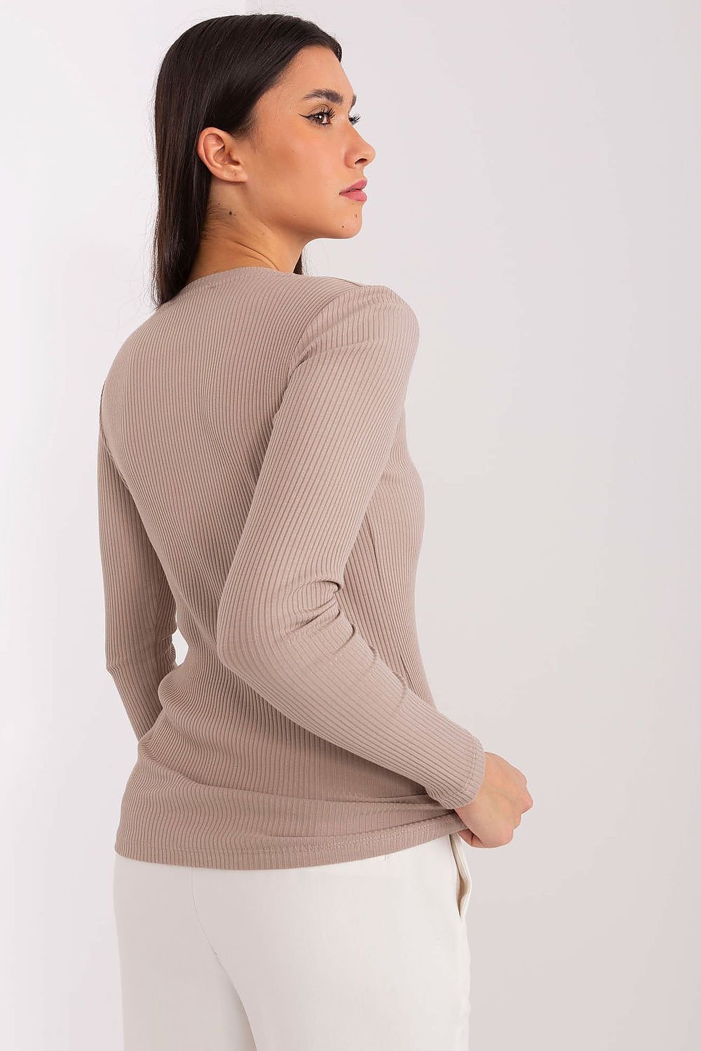 Long Sleeve Ribbed Henley Shirt - Light Taupe
