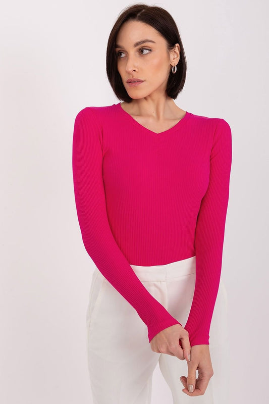Long Sleeve Cotton Slight V Neck Shirt - Haute Pink
