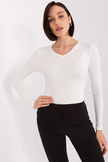 Long Sleeve Cotton Slight V Neck Shirt Blouse - White