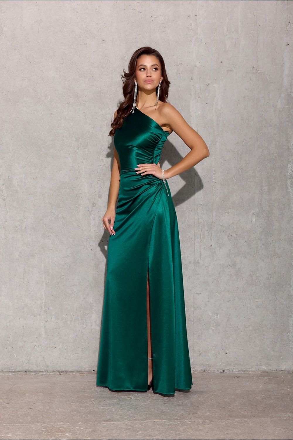 Inez Slit One Shoulder Long Evening Dress - Emerald