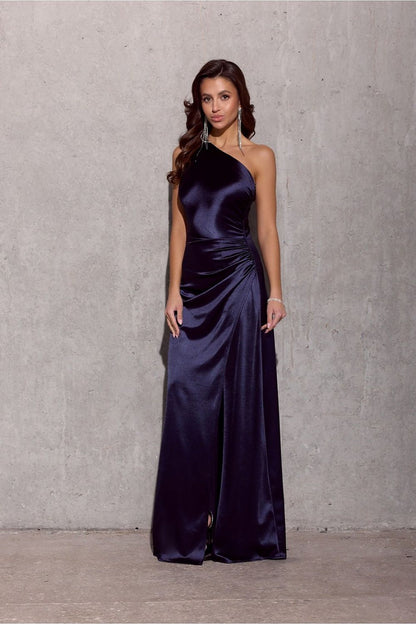 Inez Slit One Shoulder Long Evening Dress - Navy Satin