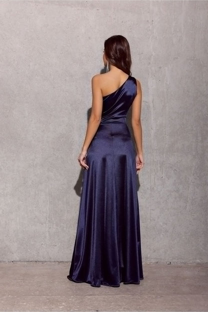 Inez Slit One Shoulder Long Evening Dress - Navy Satin