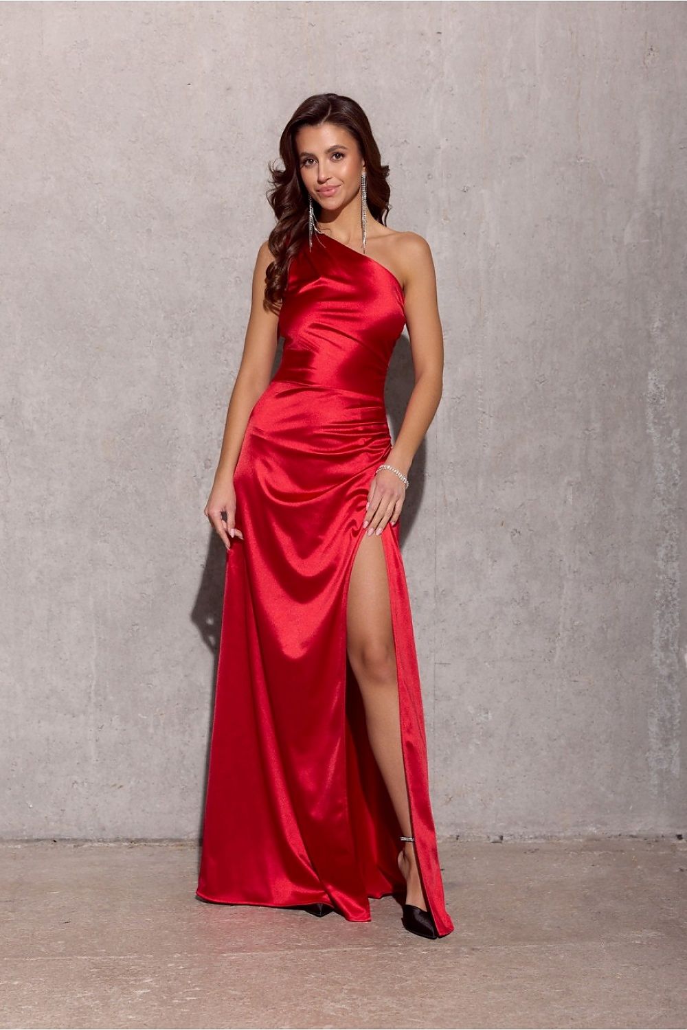 Inez Slit One Shoulder Long Evening Dress - Red