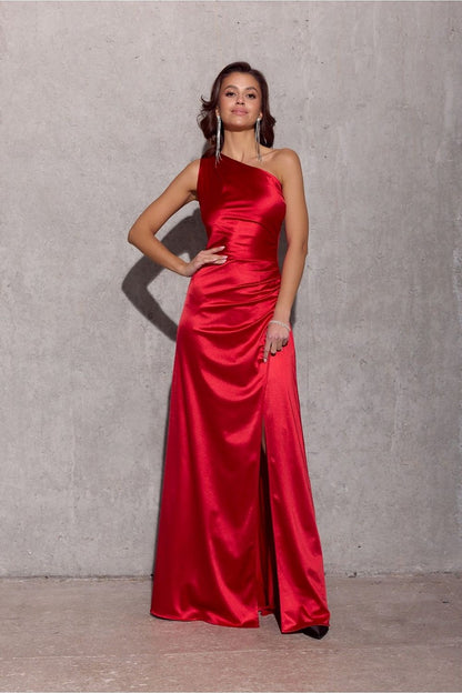 Inez Slit One Shoulder Long Evening Dress - Red