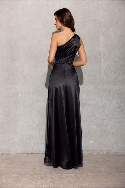 Inez Slit One Shoulder Long Evening Dress - Black Satin