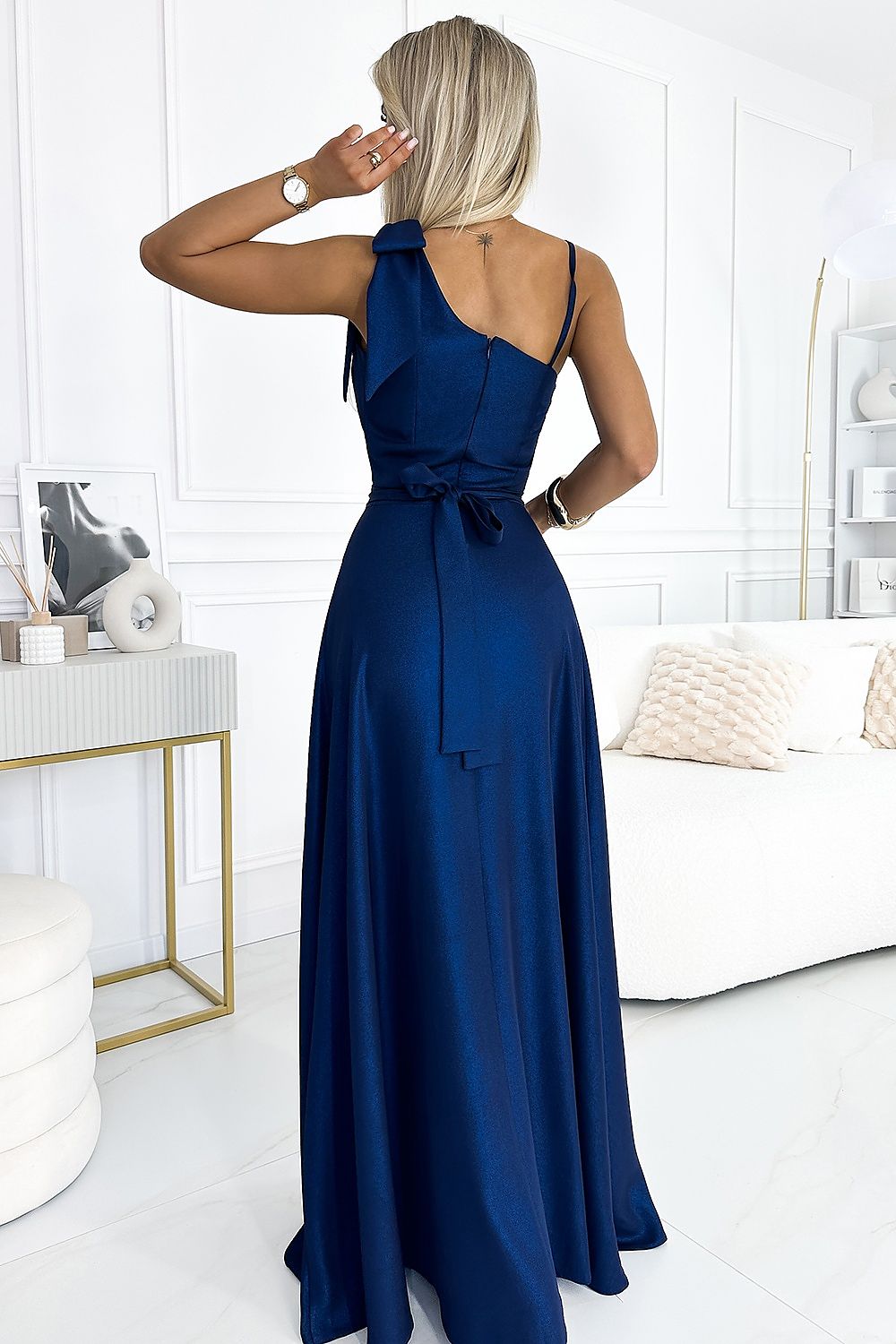 Bow Tie One Shoulder Spaghetti Strap Slit Long Evening Dress - Blue