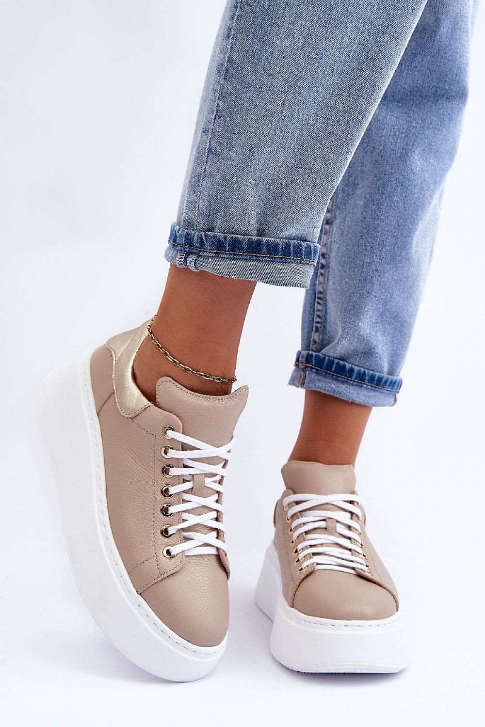 Leather Platform Trainers - Tan