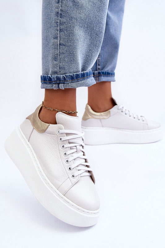 Leather Platform Trainers - White with Gold Heel Counter