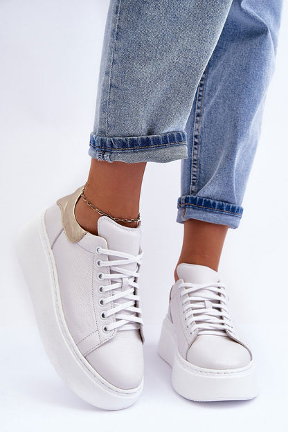 Leather Platform Trainers - White with Gold Heel Counter