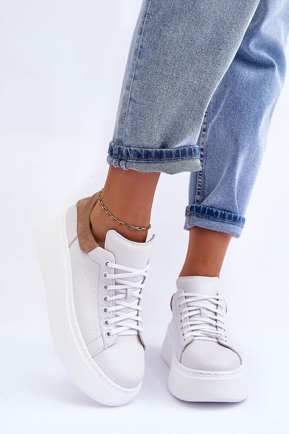 Leather Platform Trainers - White with Tan Heel Counter