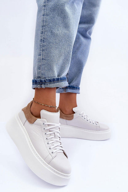 Leather Platform Trainers - White with Tan Heel Counter