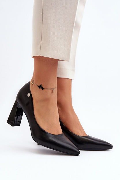 Pointed Toe Leather Block Heel Pumps - Black