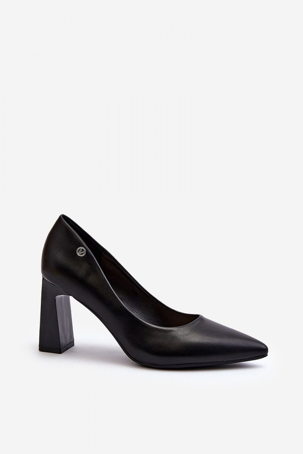 Pointed Toe Leather Block Heel Pumps - Black