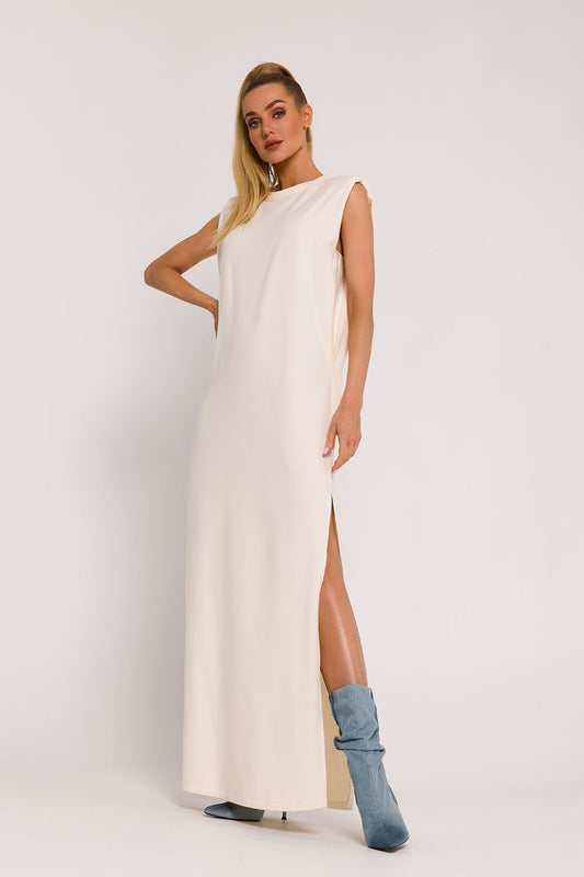 Cotton Sleeveless Padded Tailored Side Slit Dress - Cream