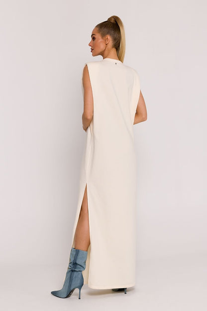 Cotton Sleeveless Padded Tailored Side Slit Dress - Cream