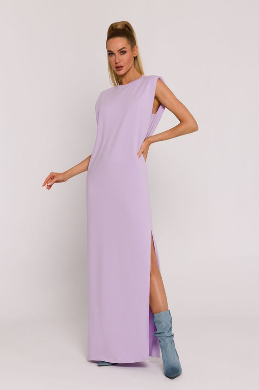 Cotton Sleeveless Padded Tailored Side Slit Dress - Lavender