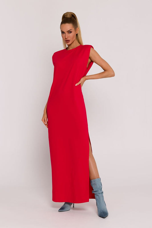 Cotton Sleeveless Padded Tailored Side Slit Dress - Red