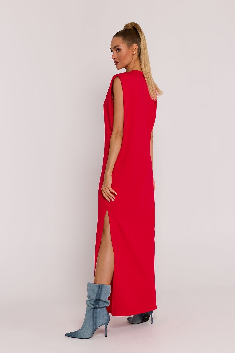 Cotton Sleeveless Padded Tailored Side Slit Dress - Red