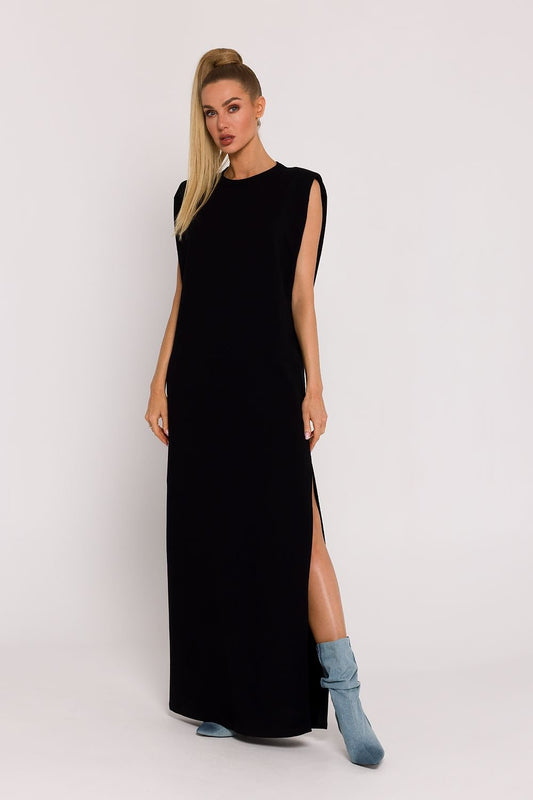 Cotton Sleeveless Padded Tailored Side Slit Dress - Black