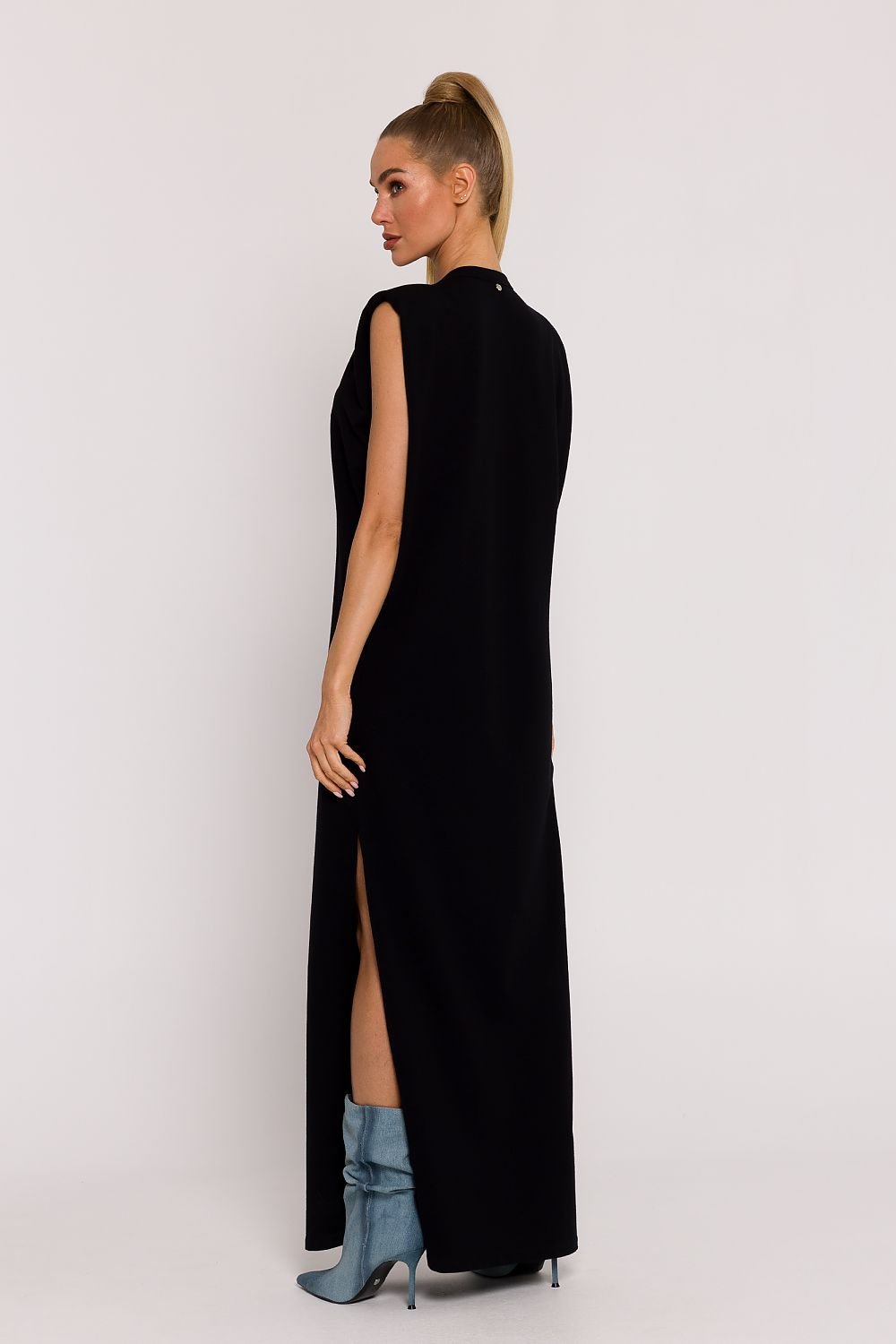 Cotton Sleeveless Padded Tailored Side Slit Dress - Black